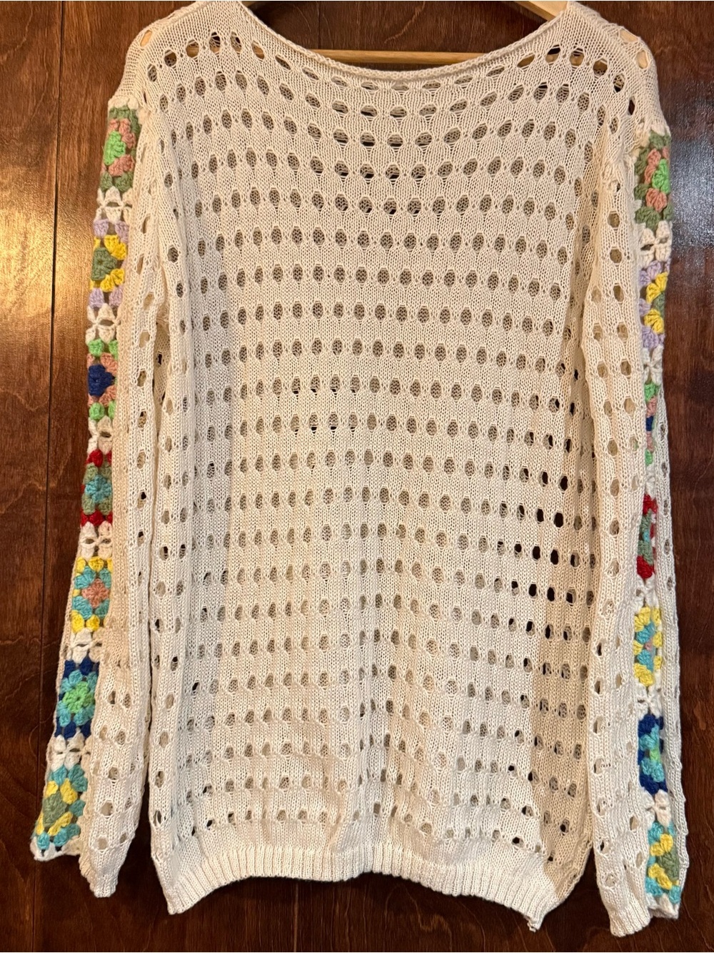 Women’s M Ivory Open Knit Crochet Floral Granny Square Sleeve Boho Sweater